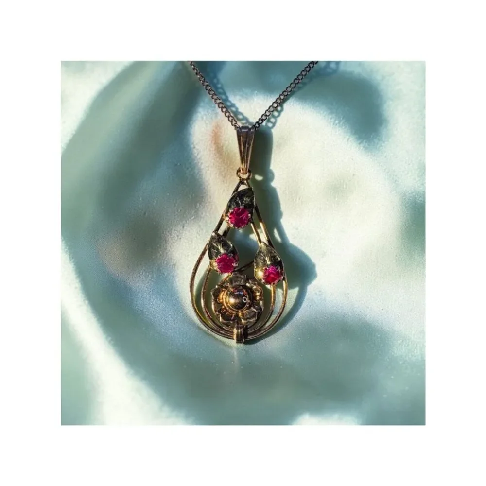 ANTIQUE -10K Gold -Art Nouveau -Ruby Necklace -17